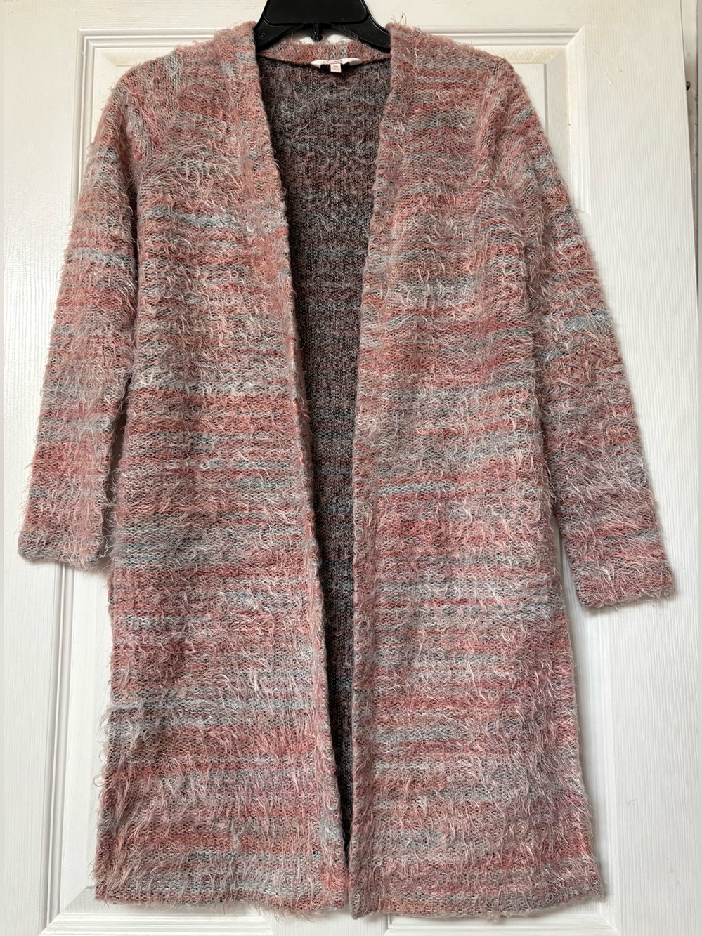 Candie's Open-Front Fuzzy Long Cardigan - Pink & Gray. Size: XS